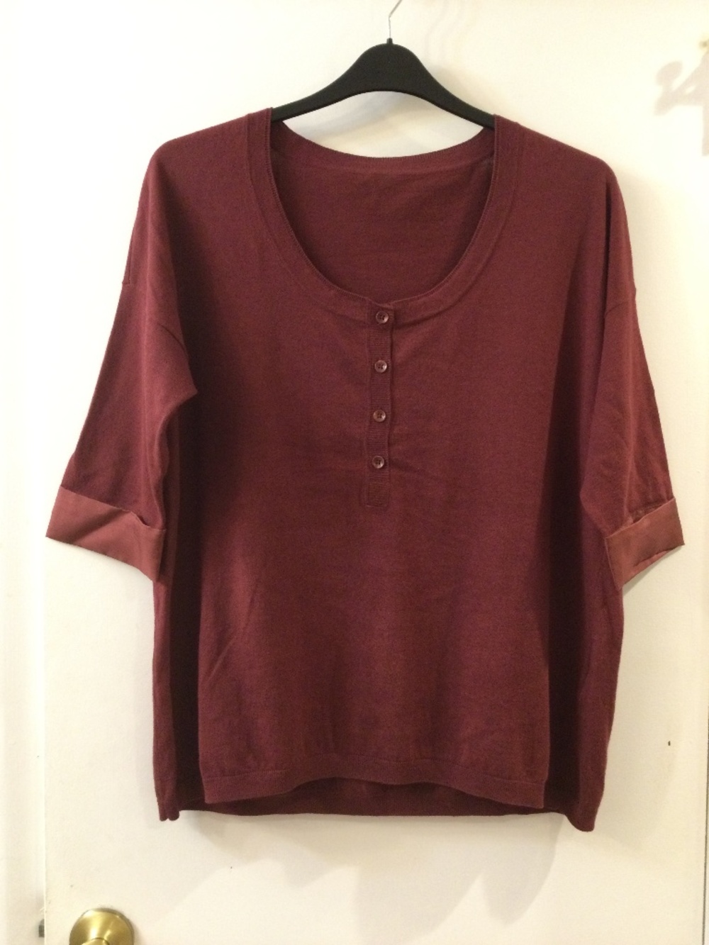 Poetry Cotton Lightweight Knit Top 3/4 Sleeves Henley Sweater US 14 Burgundy